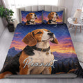 Beagle quilt bedding set styled in a bright bedroom with scenic mountain artwork and matching dog portraits