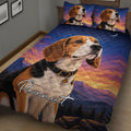 Close view of a Beagle quilt blanket featuring a large dog portrait, starry blue sky, mountains, and sunset colors