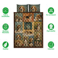Beagle quilt bedding set shown front-facing with a collage of dogs and surrounding care and quality icons