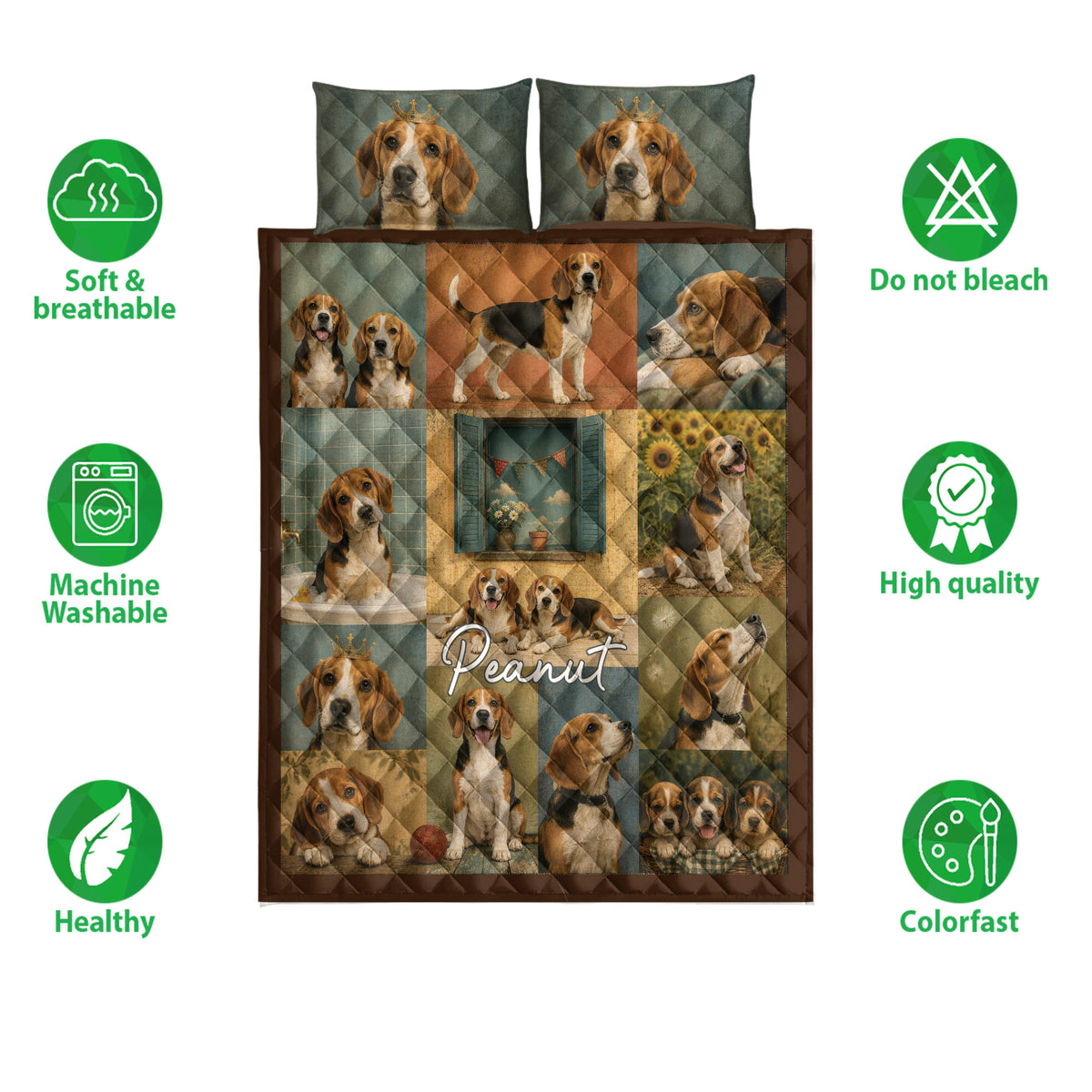 Beagle quilt bedding set shown front-facing with a collage of dogs and surrounding care and quality icons