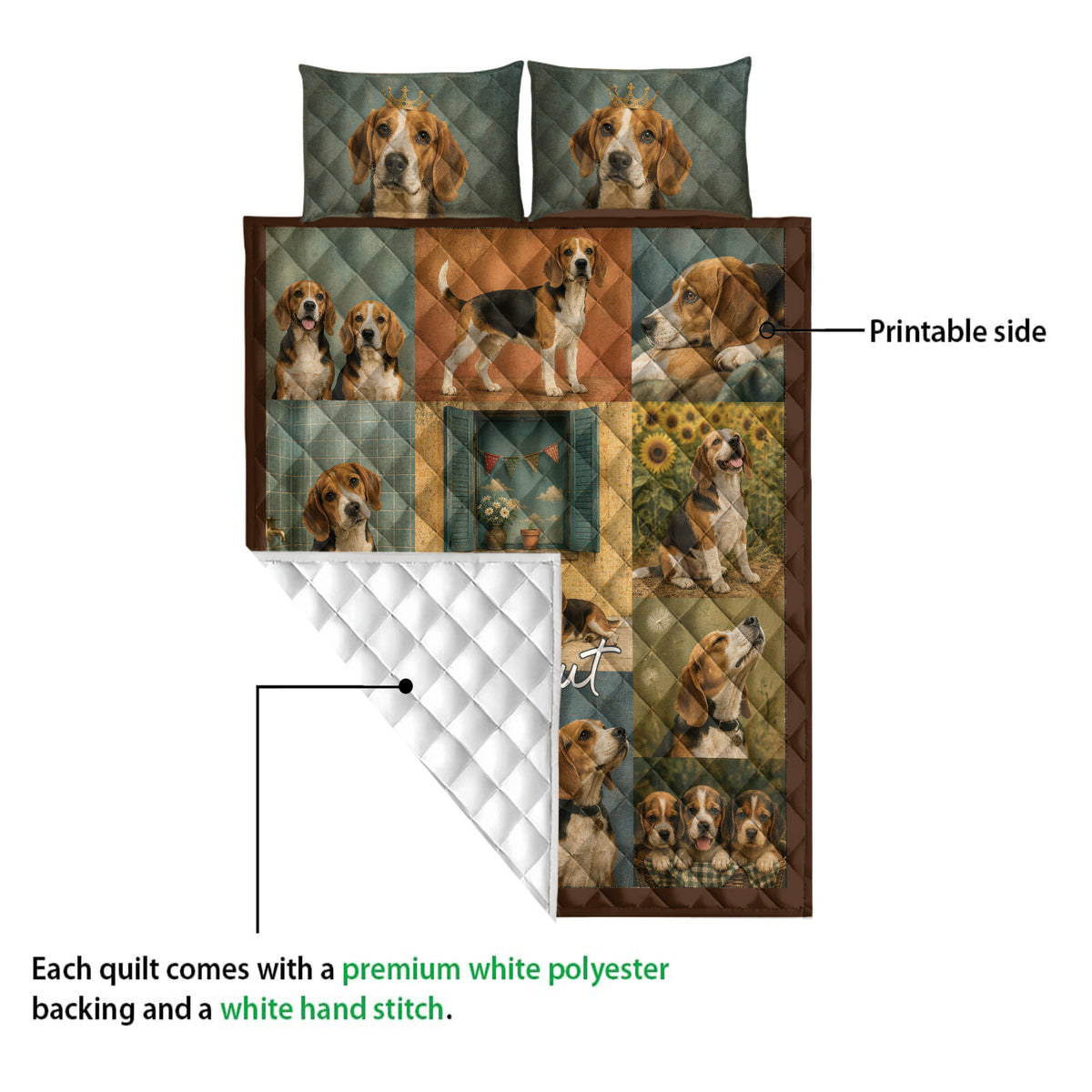 Beagle quilt detail showing the printed dog artwork, quilted backing, and layered construction