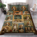 Beagle quilt blanket styled across a bright bedroom with matching dog portrait pillows and rustic artwork