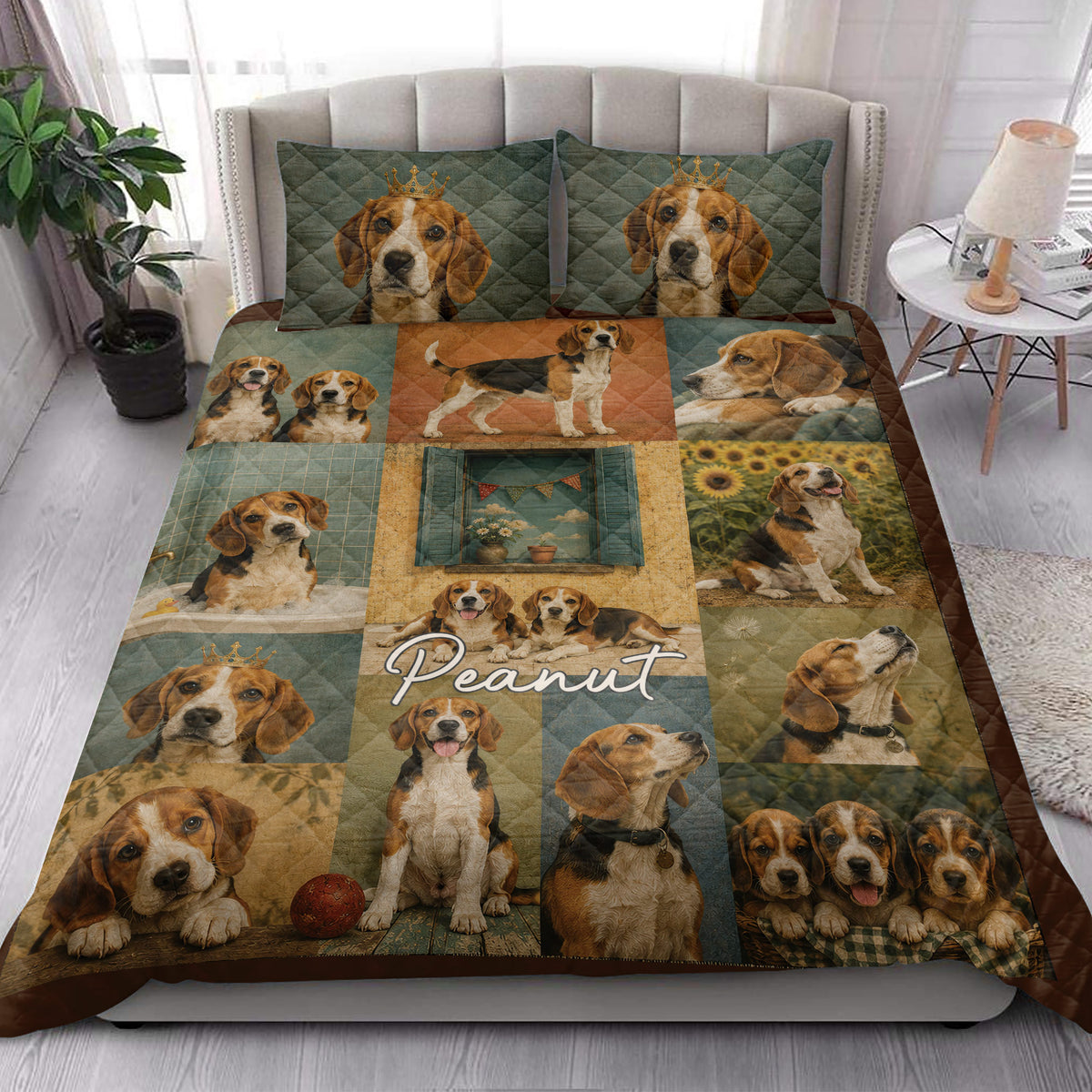 Beagle quilt blanket styled across a bright bedroom with matching dog portrait pillows and rustic artwork