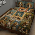 Close bedroom view of a Beagle quilt blanket featuring multiple dog portraits, puppies, sunflowers, and earthy tones