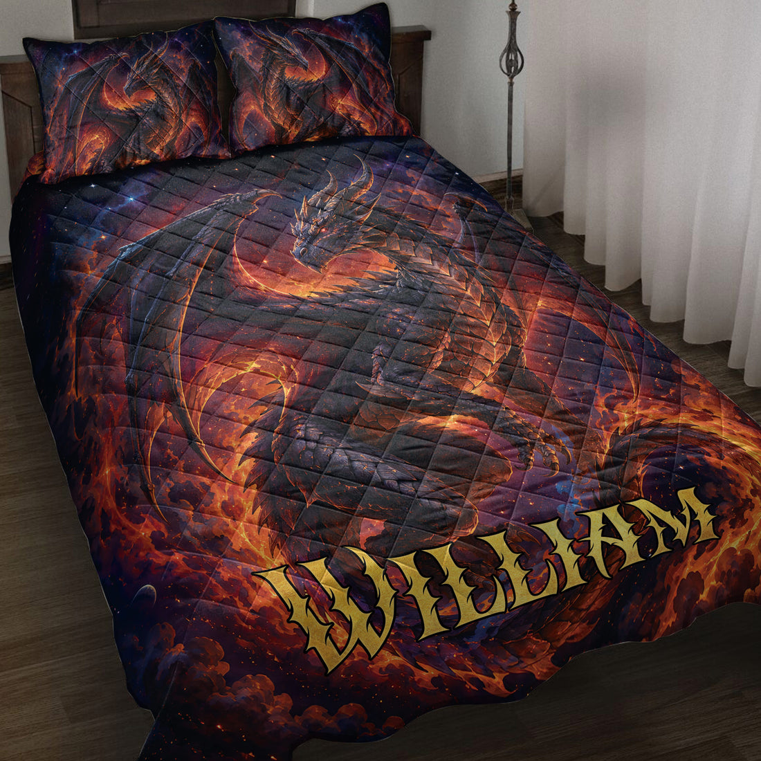 Dragon quilt bedding set displayed on a bed with fiery orange artwork, dark wings, stars, and fantasy detail