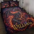 Dragon quilt bedding set displayed on a bed with fiery orange artwork, dark wings, stars, and fantasy detail