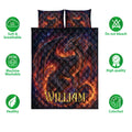 Dragon quilt bedding set with fiery fantasy artwork shown alongside soft, breathable, washable, and colorfast feature icons