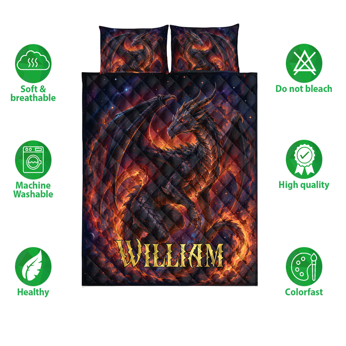 Dragon quilt bedding set with fiery fantasy artwork shown alongside soft, breathable, washable, and colorfast feature icons