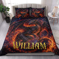 Dragon quilt bedding set styled in a bright bedroom with a large winged dragon and fiery fantasy artwork