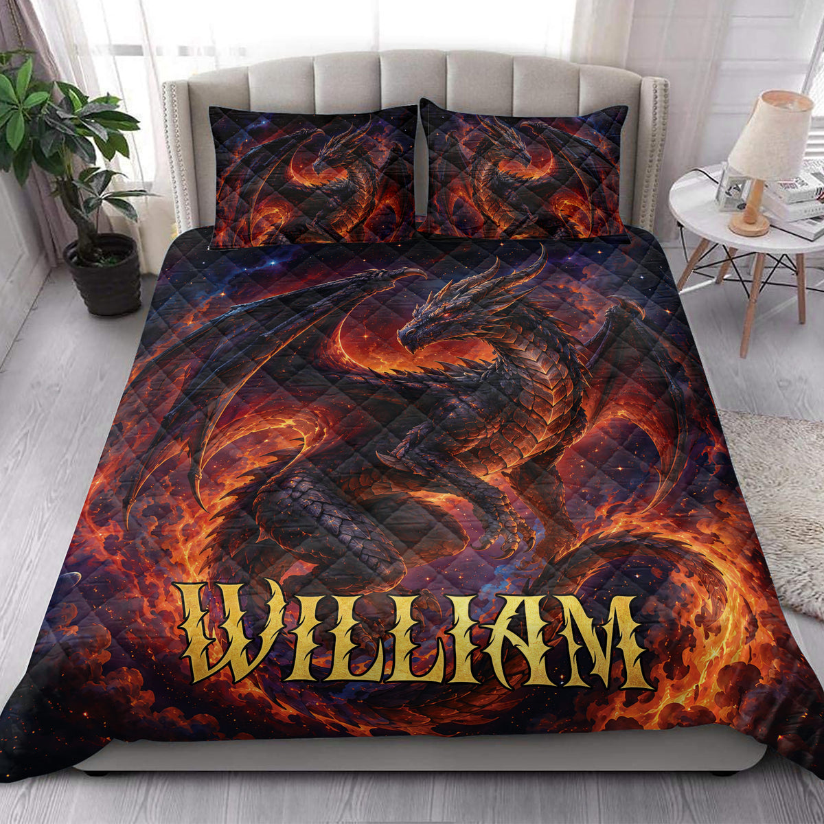 Dragon quilt bedding set styled in a bright bedroom with a large winged dragon and fiery fantasy artwork