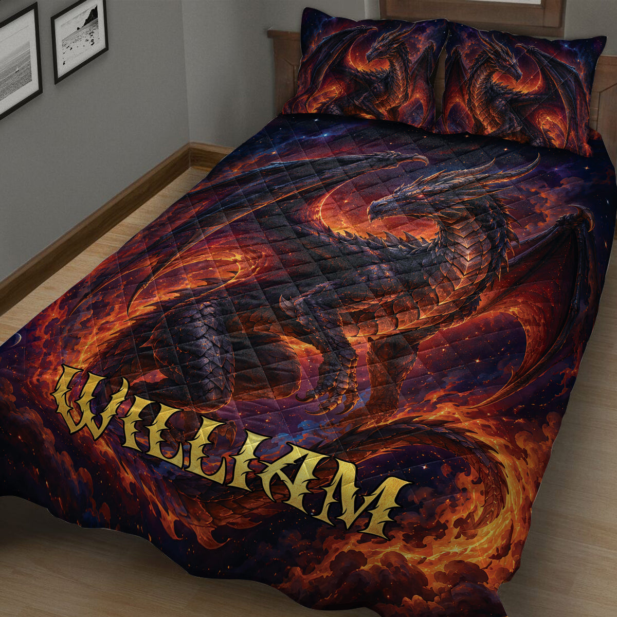 Close-up bedroom view of a dark dragon quilt blanket with glowing orange flames, wings, scales, and starry detail