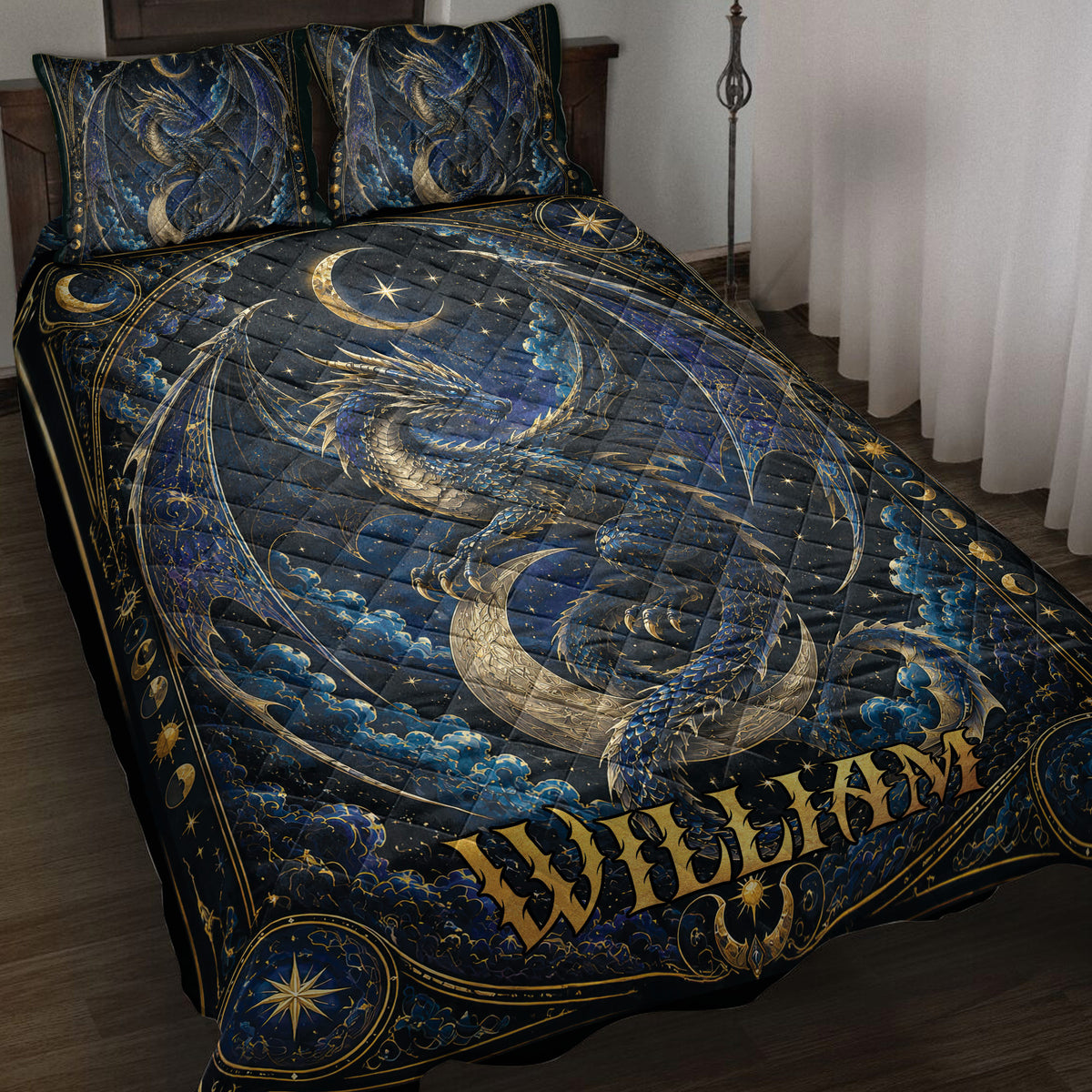 Dark blue and gold dragon quilt blanket styled on a bed with celestial moons, stars, and ornate borders