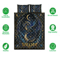 Dragon quilt bedding set displayed with celestial artwork and icons highlighting softness, washability, and color