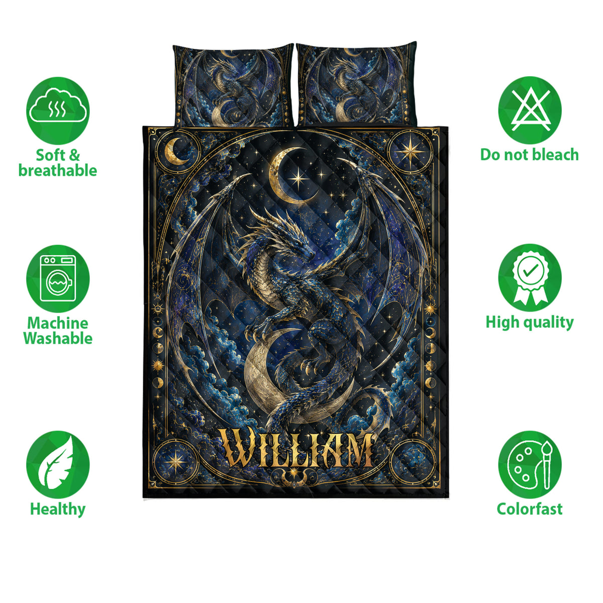 Dragon quilt bedding set displayed with celestial artwork and icons highlighting softness, washability, and color