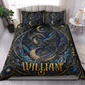 Celestial dragon quilt blanket styled in a bright bedroom with matching dragon artwork across the bed