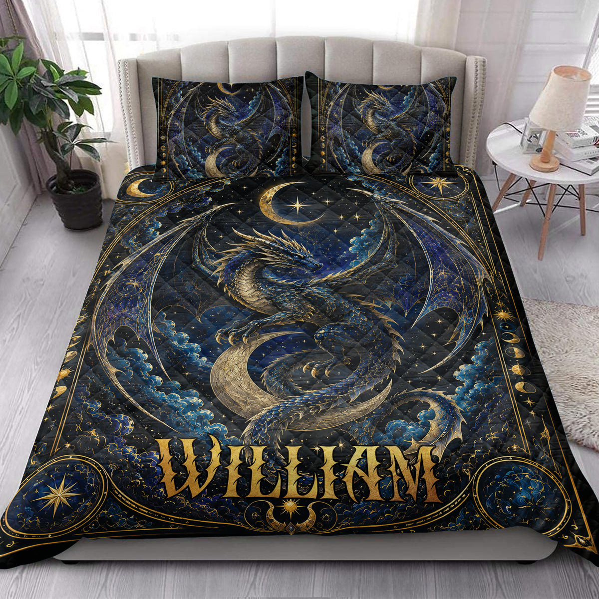 Celestial dragon quilt blanket styled in a bright bedroom with matching dragon artwork across the bed
