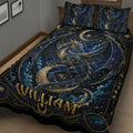 Close bedroom view of an ornate blue and gold dragon quilt blanket with moon and star details