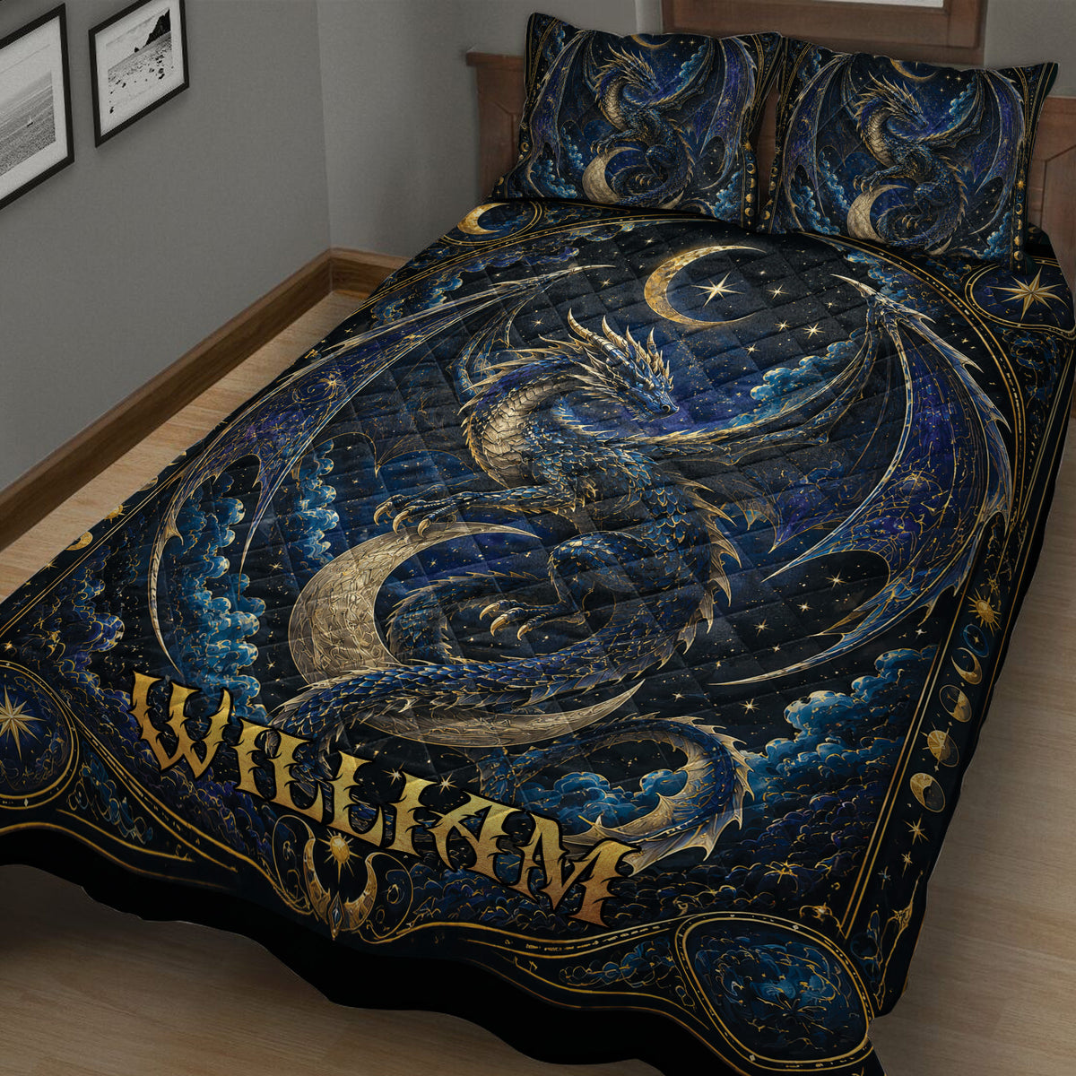 Close bedroom view of an ornate blue and gold dragon quilt blanket with moon and star details