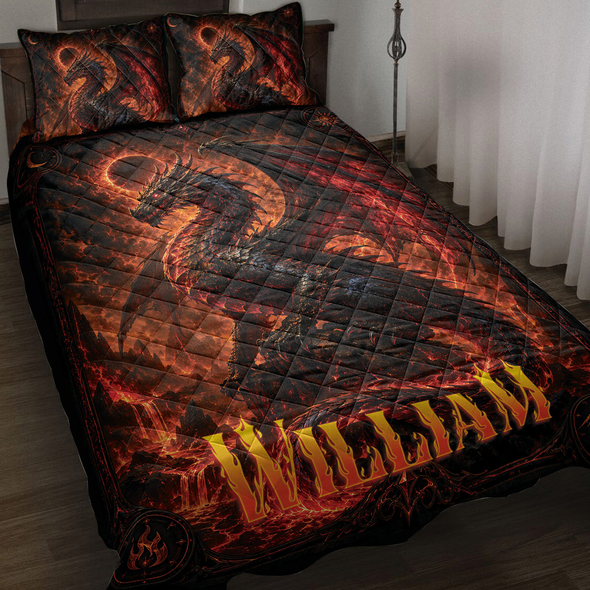Dragon quilt blanket bedding set displayed on a bed with fiery red and black fantasy artwork