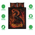 Dragon quilt bedding set product graphic showing fiery artwork and care and quality feature icons