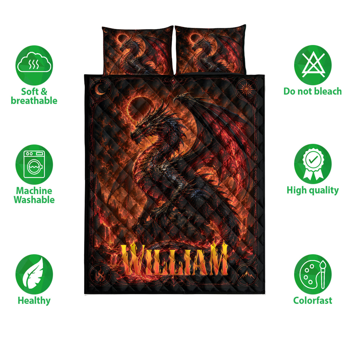 Dragon quilt bedding set product graphic showing fiery artwork and care and quality feature icons