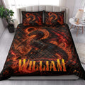 Dragon quilt bedding set styled in a bright bedroom with dramatic black, red, and orange artwork