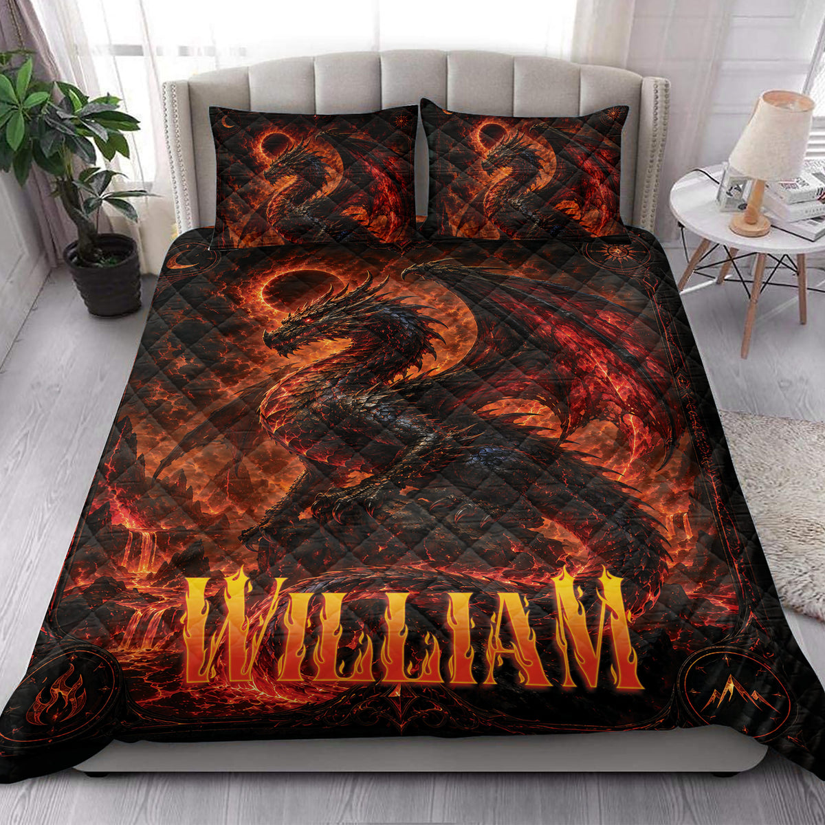 Dragon quilt bedding set styled in a bright bedroom with dramatic black, red, and orange artwork