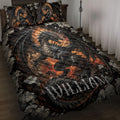 Dragon quilt bedding set displayed on a bed with black wings, fiery orange accents, and cracked stone artwork