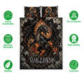 Dragon quilt bedding set with matching dragon pillowcases shown alongside soft, breathable, colorful design icons