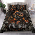 Dragon quilt bedding set styled in a bright bedroom with dramatic black, gray, and fiery orange artwork
