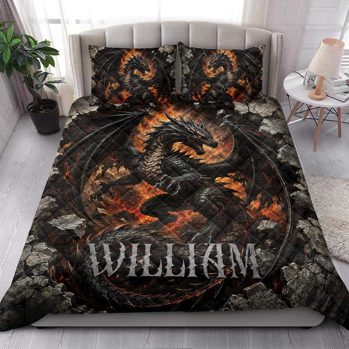 Dragon quilt bedding set styled in a bright bedroom with dramatic black, gray, and fiery orange artwork