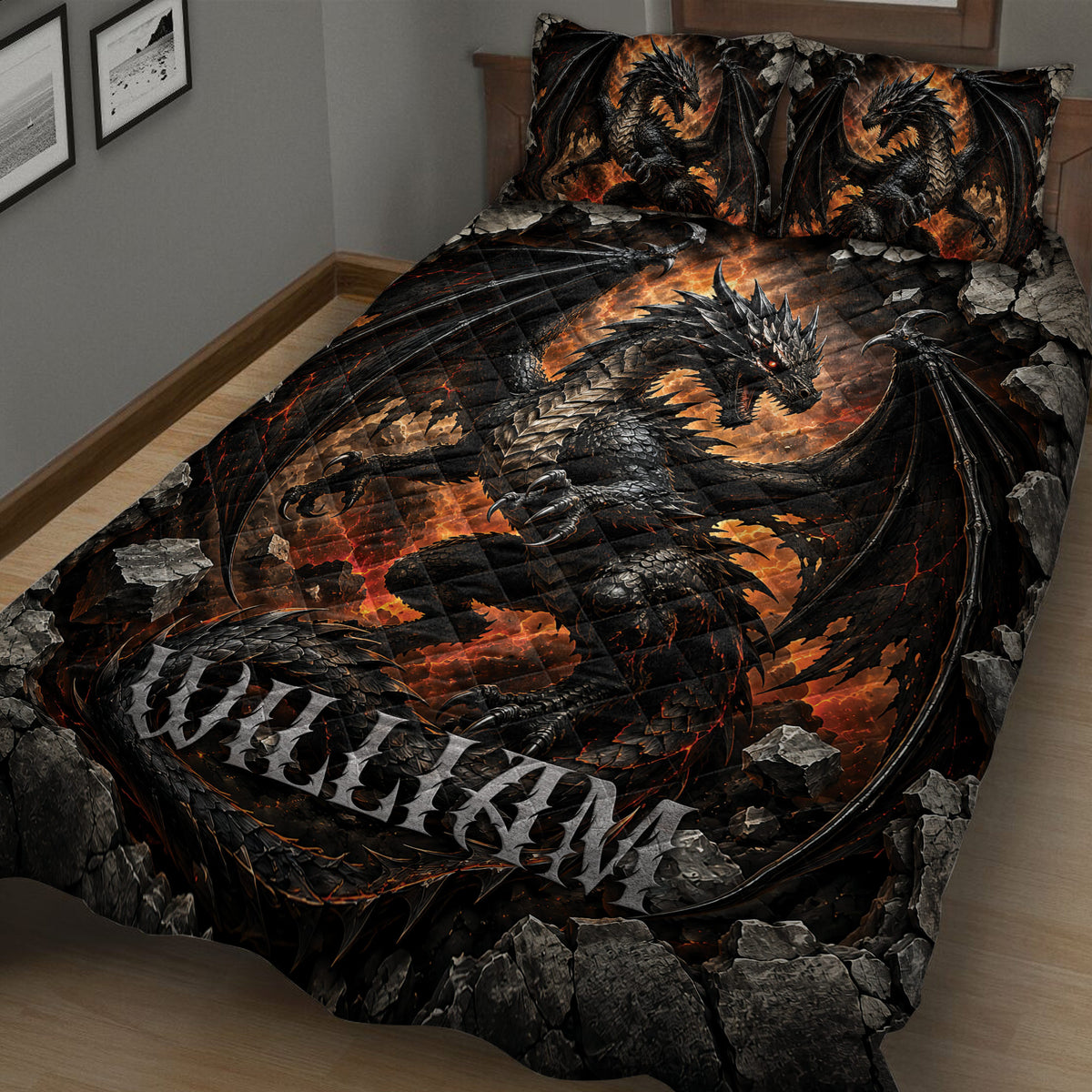 Close bedroom view of a dragon quilt featuring a large black-winged dragon surrounded by glowing lava