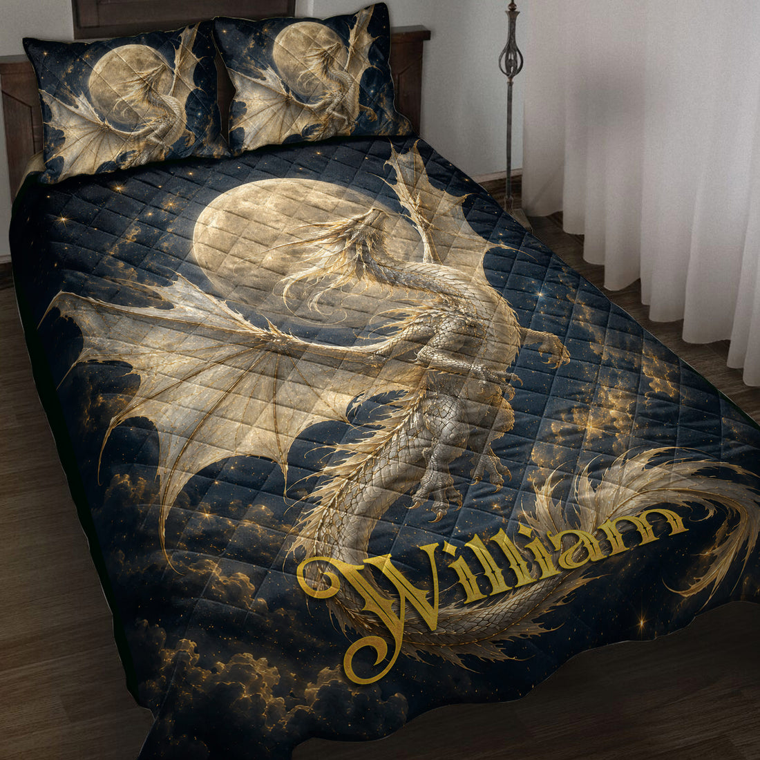 Dragon quilt blanket displayed on a bed with golden dragons, moonlit sky, stars, and dark navy artwork