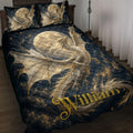 Dragon quilt blanket displayed on a bed with golden dragons, moonlit sky, stars, and dark navy artwork