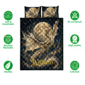 Dragon quilt bedding set shown front-facing with celestial dragon artwork and product feature callouts