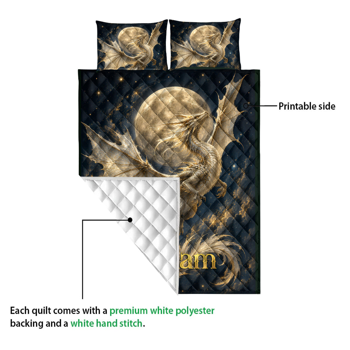 Dragon quilt showing the printed front artwork and white diamond-stitched backing detail