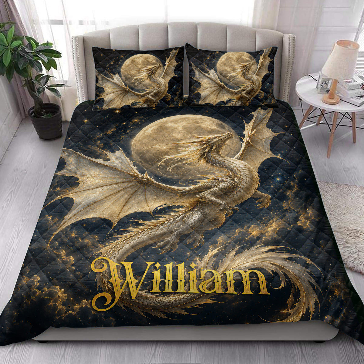Dragon quilt blanket styled in a bright bedroom with golden dragon artwork and matching bed pillows