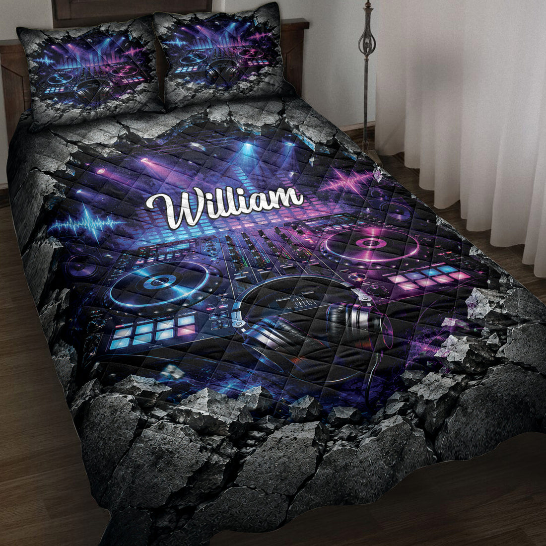 DJ quilt blanket bedding set displayed on a bed with turntables, headphones, stage lights, and colorful sound graphics