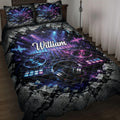 DJ quilt blanket bedding set displayed on a bed with turntables, headphones, stage lights, and colorful sound graphics