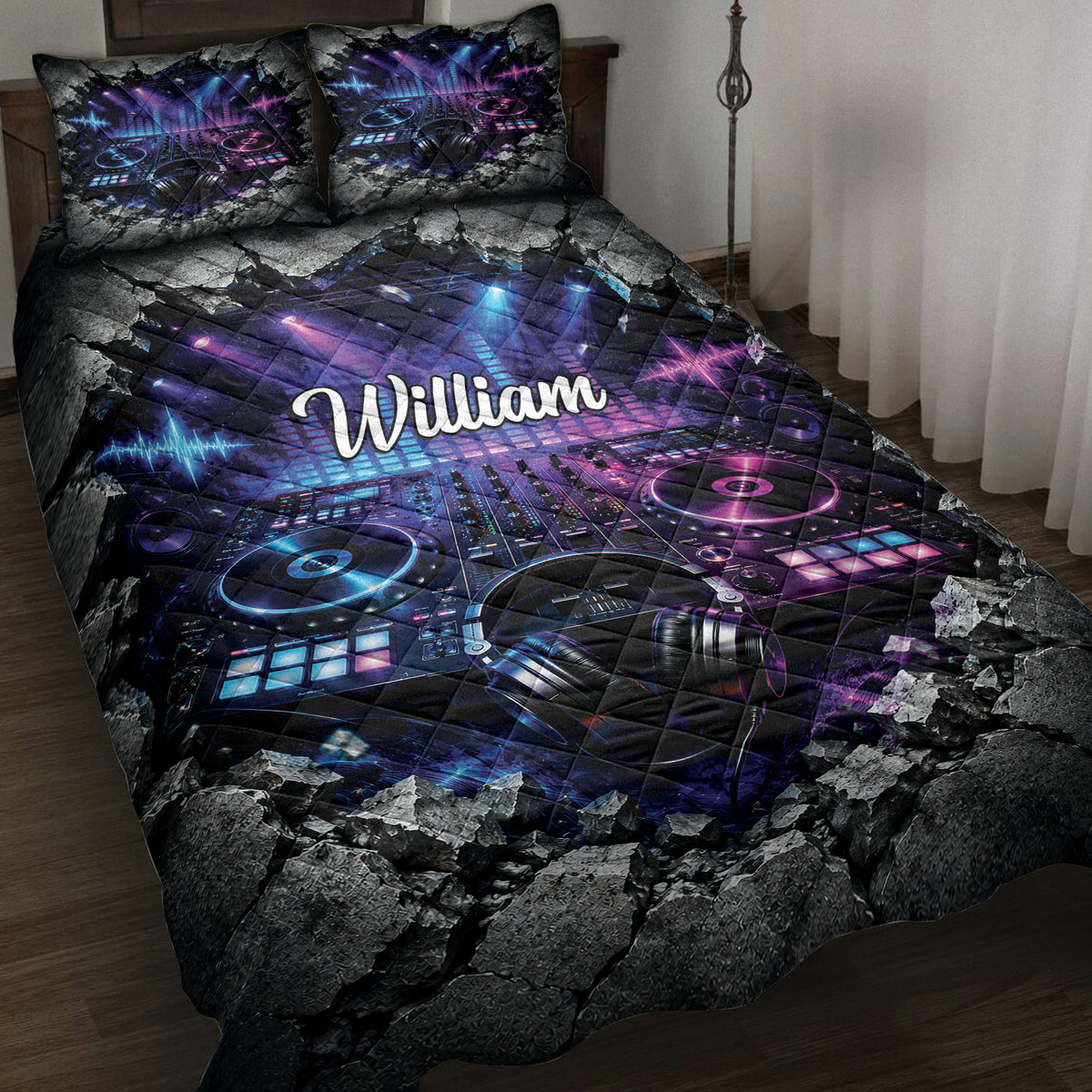 DJ quilt blanket bedding set displayed on a bed with turntables, headphones, stage lights, and colorful sound graphics