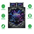 DJ quilt blanket with vibrant turntable artwork, headphones, club lights, and product feature icons