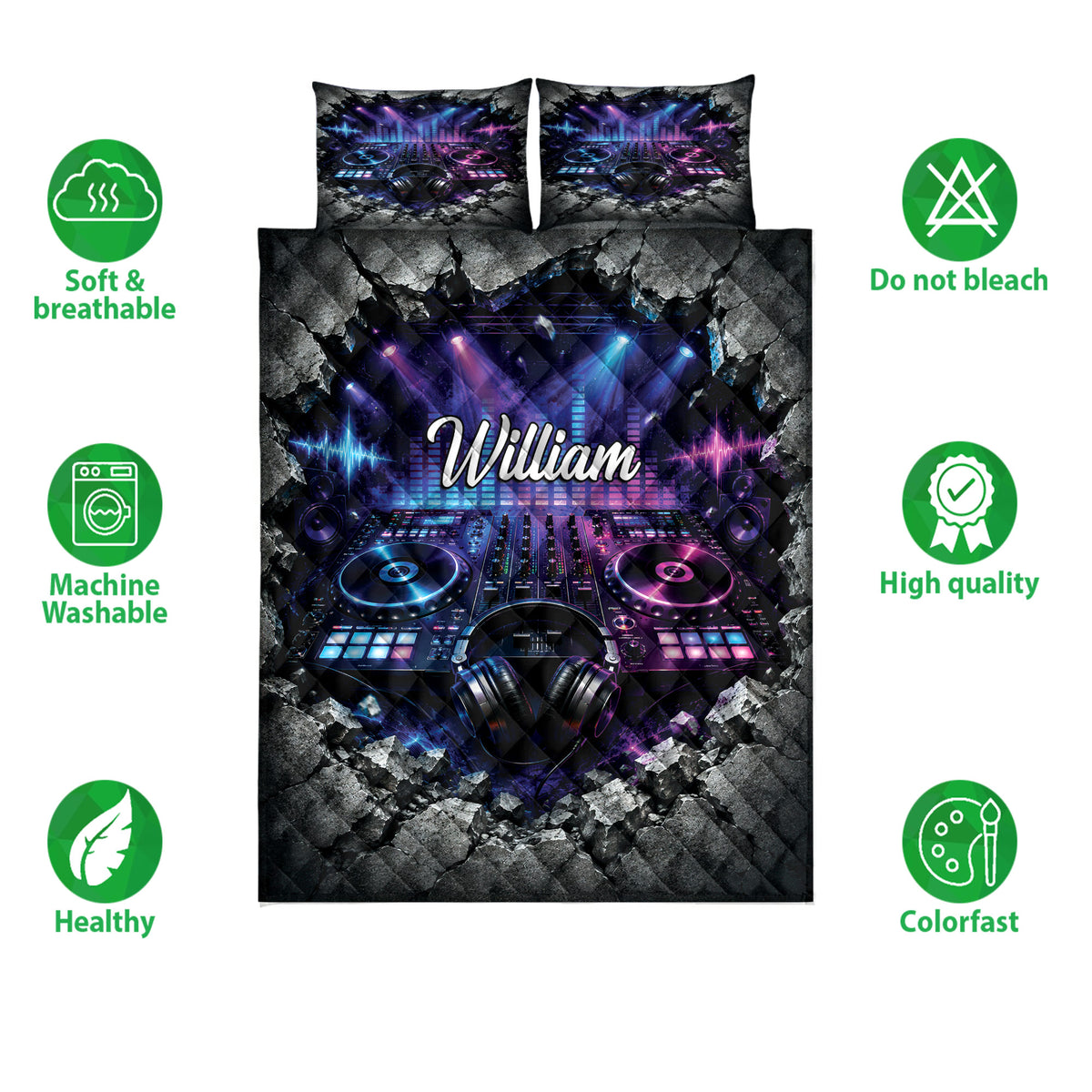 DJ quilt blanket with vibrant turntable artwork, headphones, club lights, and product feature icons