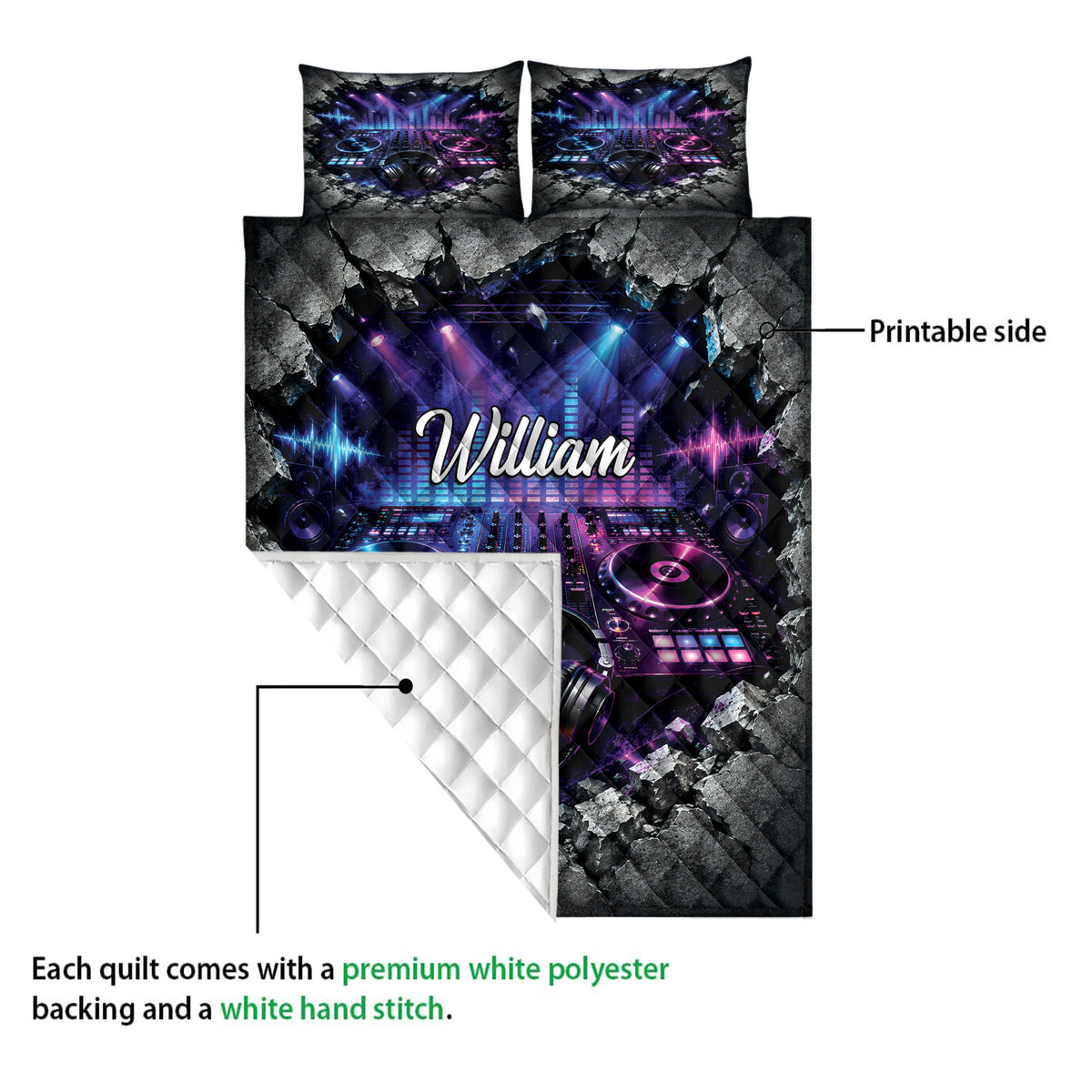 DJ quilt showing the printed front and quilted backing with turntables, headphones, and concert lighting artwork