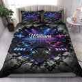 DJ quilt bedding set styled in a bright bedroom with turntables, headphones, colorful lights, and rock textures