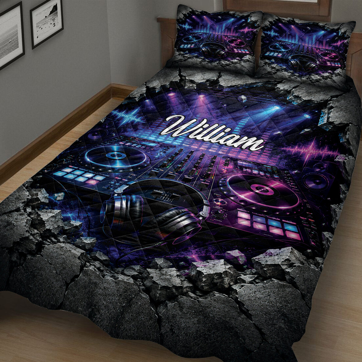 Close bedroom view of a DJ quilt blanket featuring mixing equipment, headphones, turntables, and neon blue and purple lights