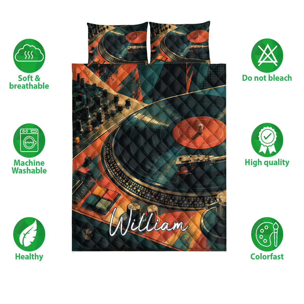 DJ quilt bedding set shown against a white background with turntables, mixer artwork, and product feature icons