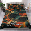 DJ quilt blanket styled on a bed in a bright bedroom with record player and mixer artwork