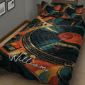 Close view of DJ quilt bedding with vinyl records, turntables, mixer controls, and dark teal orange decor