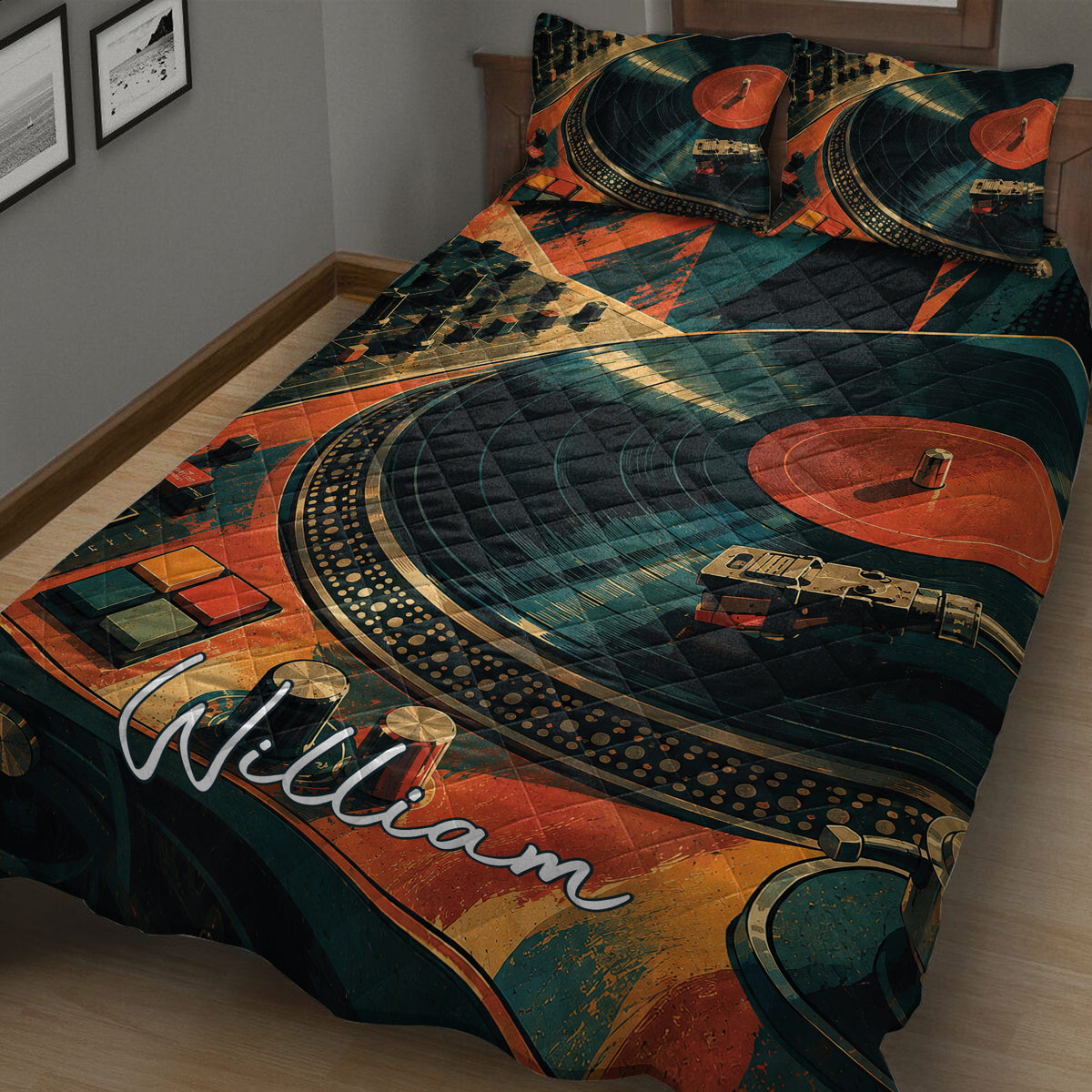 Close view of DJ quilt bedding with vinyl records, turntables, mixer controls, and dark teal orange decor