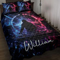 DJ quilt blanket displayed on a bed with turntables, speakers, and vivid blue and pink electronic music artwork